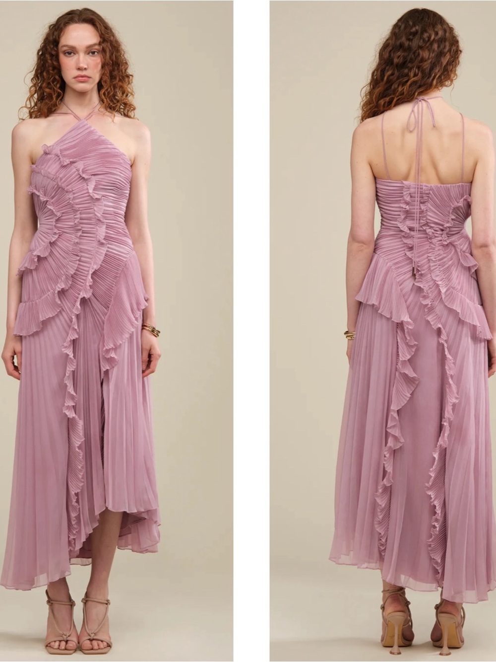 AMUR Lorelie Ruffle Ruched Pleated Halter Asymmetric Pink Maxi Gown Size 8 - Picture 2 of 9